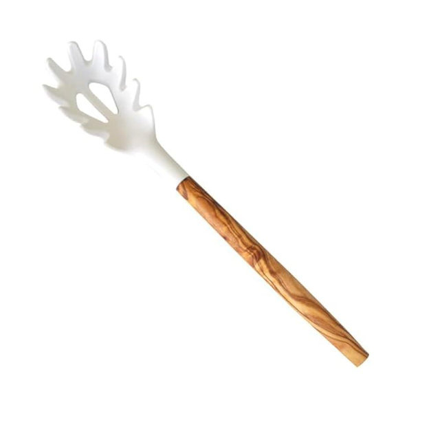 Naturally Med Silicone Spaghetti Server (White) with Olive Wood Handle