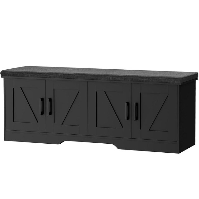 HOMSHO 2-Tier Storage Bench, Shoe Bench with Padded Seat Cushion, Entryway Bench with 4 Barn Doors, Adjustable Shelf, 13.8" D x 47.2" W x 17.7" H, for Entryway, Living Room, Bedroom, Black