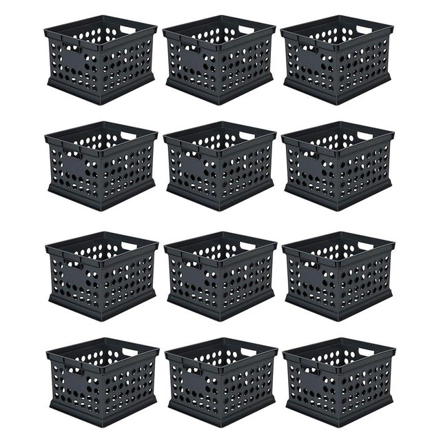 Sterilite Stackable Plastic Storage Crate Bin Organizer File Box with Handles for Home, Office, Dorm, Garage, or Utility Organization, Black, 12-Pack