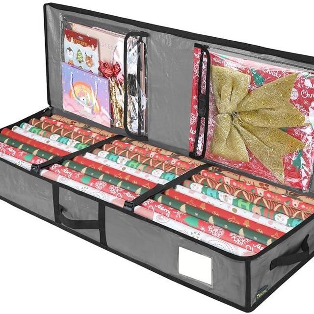 BALEINE Christmas Wrapping Paper Storage Organizer, 40" Durable PE Gift Wrap Storage Bag with Flexible Partitions and Pockets for Fits Ribbon, Holiday Accessories (Grey)