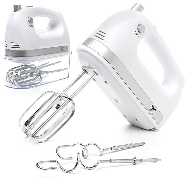 Moss & Stone Hand Mixer With Snap-On Storage Case, 5 Speed Hand Mixer Electric, 250W Power handheld Mixer for Baking Cake Egg Cream Food Beater,+ 4 Stainless Steel Accessories (White)