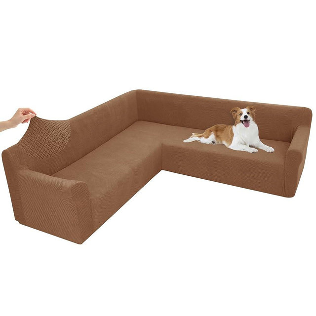 Arfntevss Stretch Sectional Couch Covers L Shaped Corner Sectional Sofa Cover Washable Jacquard Soft Fleece U Shape Sofa Slipcovers Anti Slip Furniture Protector for Dogs Pets (X-Large, Light Brown)