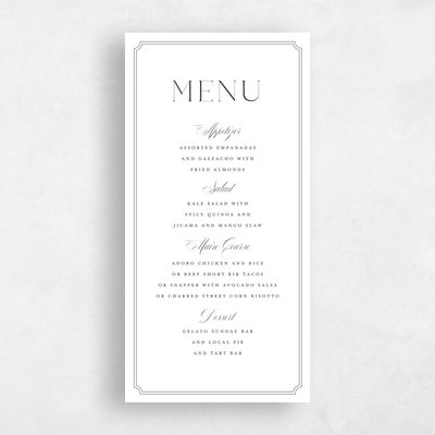Dark Charcoal, White Wedding Menu - Constance