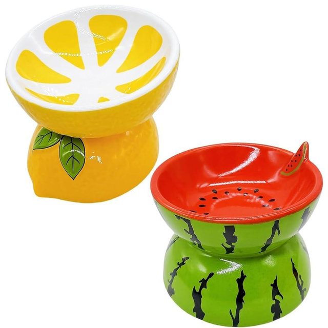 Hamiledyi Ceramic Raised Cat Bowl Anti Vomiting Elevated Tilted Cat Food & Water Bowls 2PCS Pet Feeder Dish for Indoor Kitty and Small Dogs (Watermelon & Lemon)