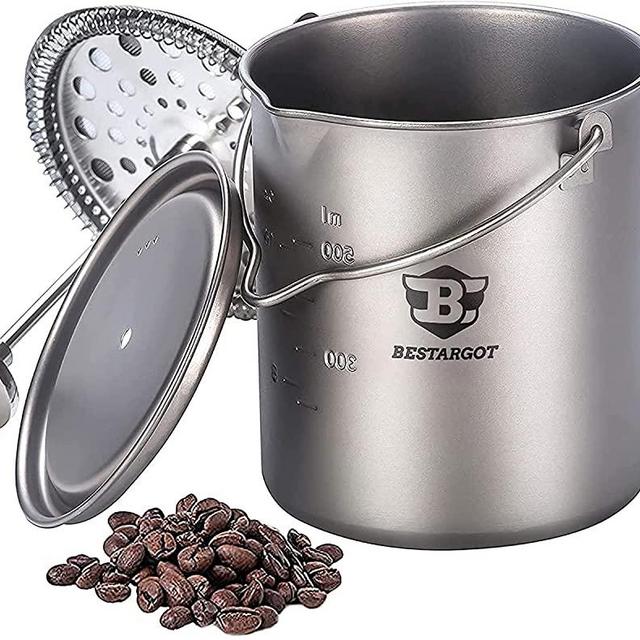 Bestargot Camping Titanium French Press, Outdoor Coffee Maker 750ml Cup, Camp Cooking Pot, Multi-Functional Travel Mate, Capacity 25 Fl Oz, Light, Portable, Applicable Gas and Wood Burning Stove