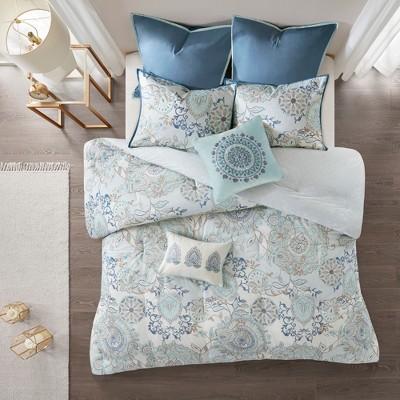 8pc King Lian Cotton Printed Reversible Comforter Set Blue