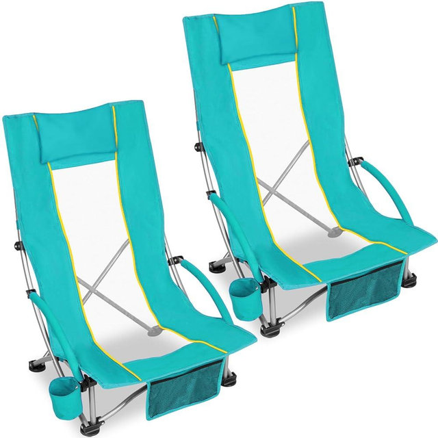 Romswi High Back Beach Chair, Compact Lightweight Low Seat Camping Chair, Fits in Suitcase, 400lbs Heavy Duty Oversized Backpack Chair with Cup Holder & Storage Bag, Green