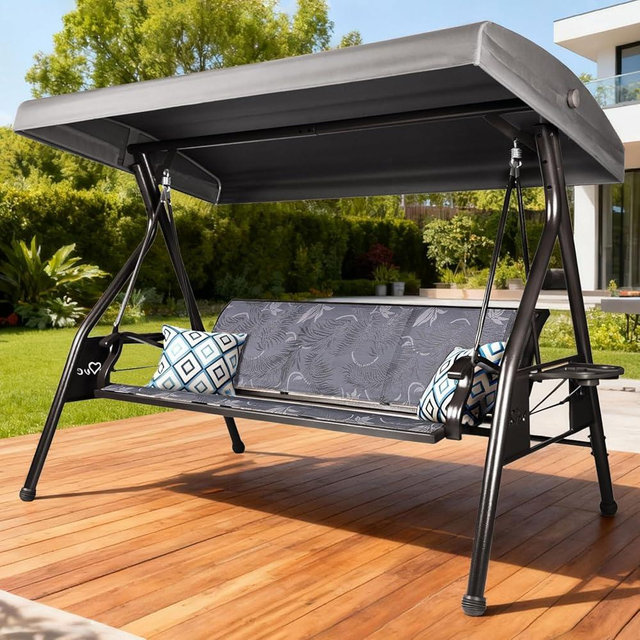 ZZW 3 Person Patio Swing Outdoor Swing for Adults with Adjustable Canopy &Upgraded Cup Holders Textilene Fabric Porch Swing Chair with Stand Heavy Duty 800 LBS