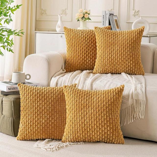 Cozoomy Set of 4 Mustard Yellow Decorative Pillow Covers 20x20 Inch Corduroy Throw Pillow Covers for Bed Couch Sofa Living Room Soft Cushion Cases