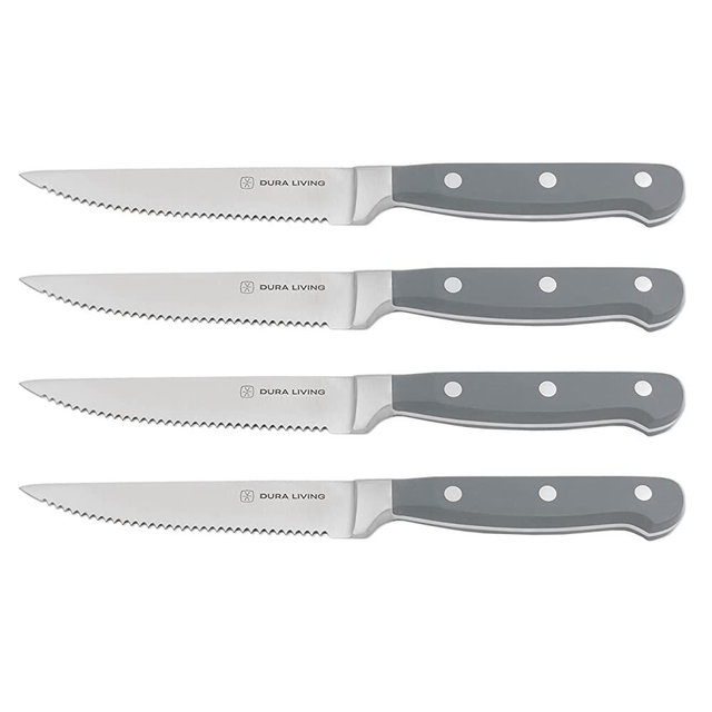Dura Living Steak Knives set of 4 - Superior Forged High Carbon Stainless Steel Serrated Always Sharp Classic 4.5 Inch Steak Knives, Gray