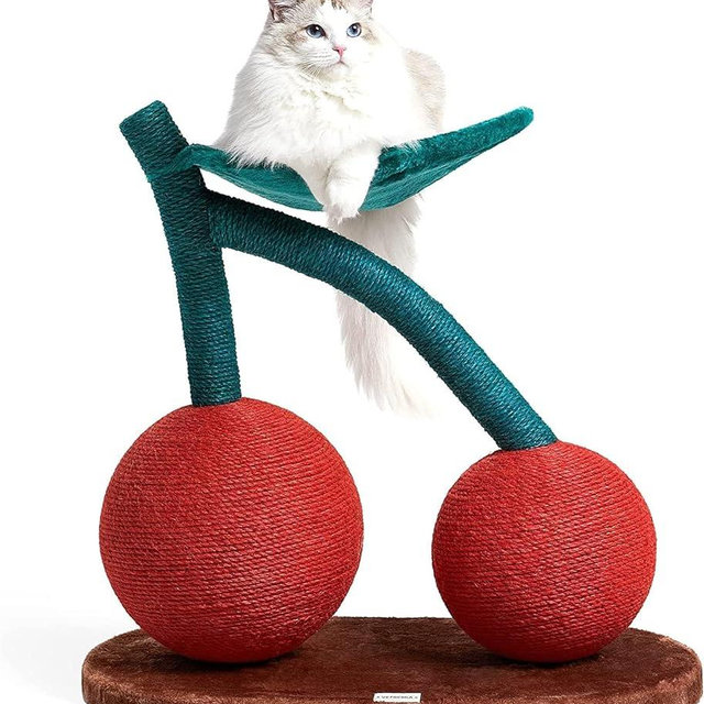 VETRESKA Cat Scratching Post, Large Cherry Cat Scratcher with Hammock, Tall Cat Scratch Interactive Toy with Natural Sisal Rope for Indoor Cats, Kittens