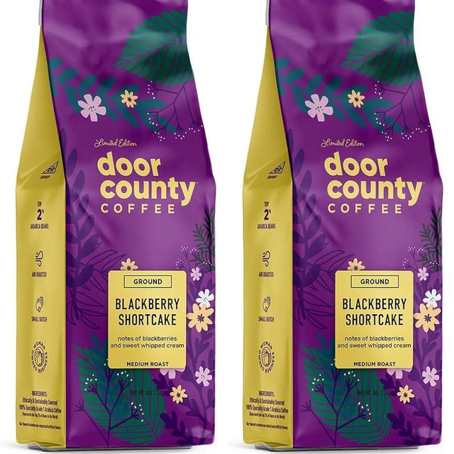 Door County Coffee Blackberry Shortcake, Flavored Coffee Ground - 8 oz Bag - Spring-Summer Seasonal - Medium Roast - 100% Specialty Arabica - Blackberries & Sweet Cream Flavored (Pack of 2)