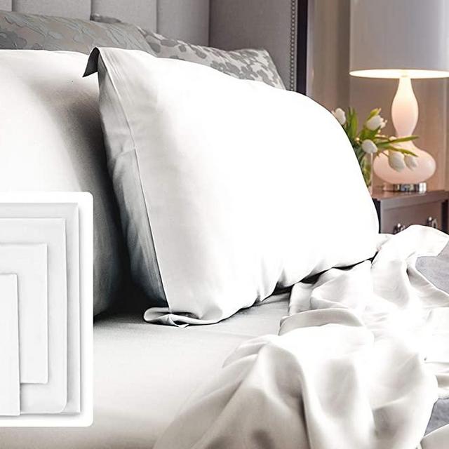 LUXOME 100% Bamboo Sheet Set | King Size | 400tc Luxury Bamboo | White | 4-Piece Set (Fitted, Flat, 2 Pillowcases)