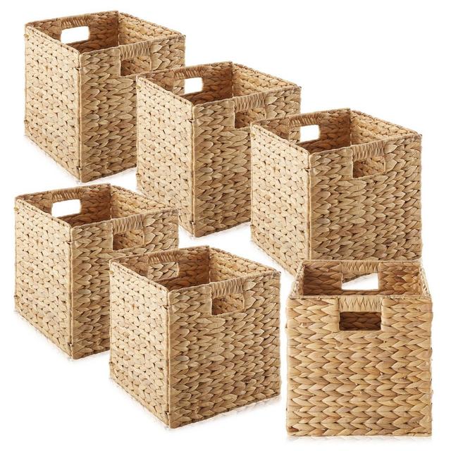 Casafield 10.5" x 10.5" Water Hyacinth Storage Baskets, Natural - Set of 6 Collapsible Cubes, Woven Bin Organizers for Bathroom, Bedroom, Laundry