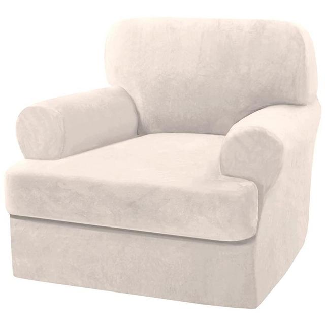 Sofa Cover 2 Piece T Cushion Armchair Slipcovers Thick Velvet Couch Cover Furniture Protector Stretch T Cushion Sofa Covers for 1 Cushion Couch with 1 Individual T Cushion Covers Washable, Ivory
