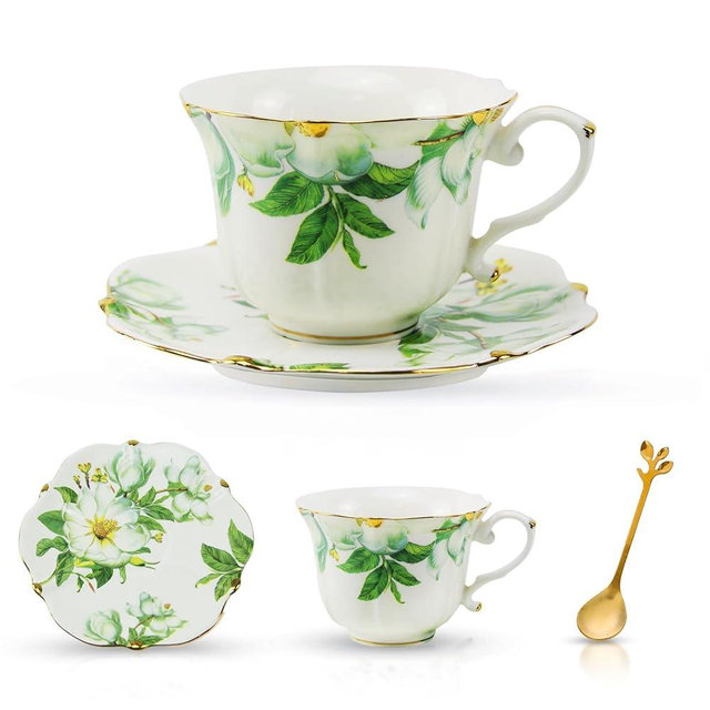 TATSUMI Country Roses Bone China Tea Cup and Saucer Set, 3 Pieces, Vintage Style, For Women and Tea Parties(Green,1 Set)