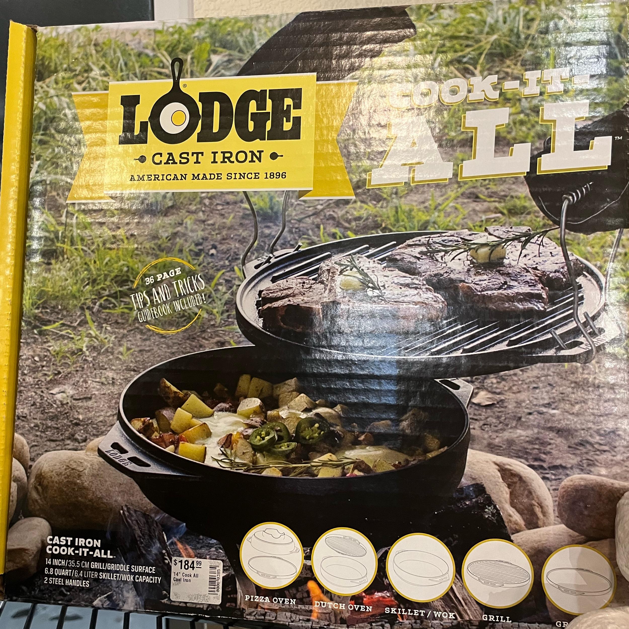 Lodge Cast Iron Cook-It-All Kit. Five-Piece Cast Iron Set includes a Reversible Grill/Griddle 14 Inch, 6.8 Quart Bottom/Wok, Two Heavy Duty Handles, and a Tips & Tricks Booklet.