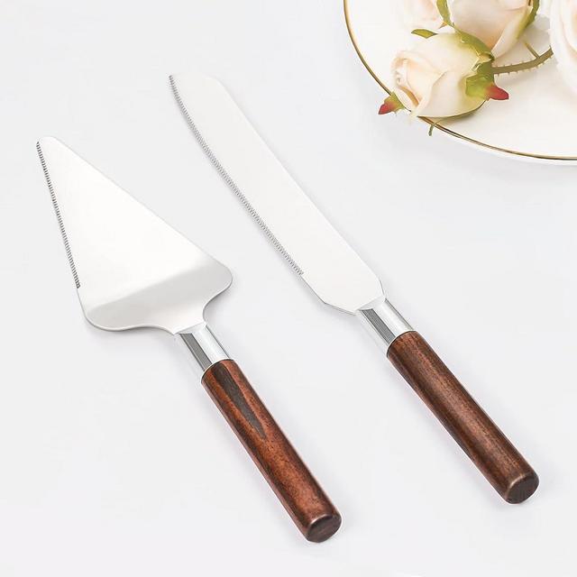 Cake Cutting Set for Wedding, Wood Cake Knife and Server Set, Vintage 2-Piece Pie Cake Cutter Serving Set, Silver Pizza Dessert Utensils Bridal Anniversary Birthday Quinceañera Gift (Original Wood)