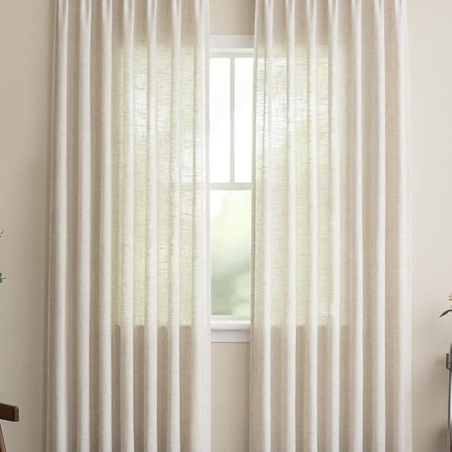 Pinch Pleated Linen Curtains 90 Inches Long - Light Filtering Curtains for Living Room, Semi Sheer Window Curtains for Bedroom, Luxury Pinch Pleated Drapes with Hooks and Rings, Natural, 2 Panels Set