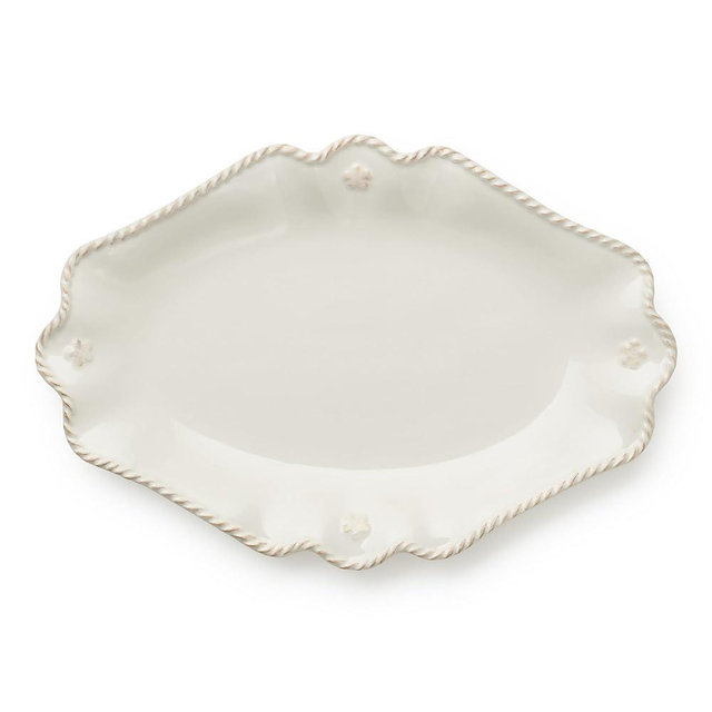 Heritage Scroll Small Oval Platter – 13" x 8.75" Ivory Stoneware Serving Tray with Decorative Rim – Elegant Classic Serveware for Entertaining & Everyday Use