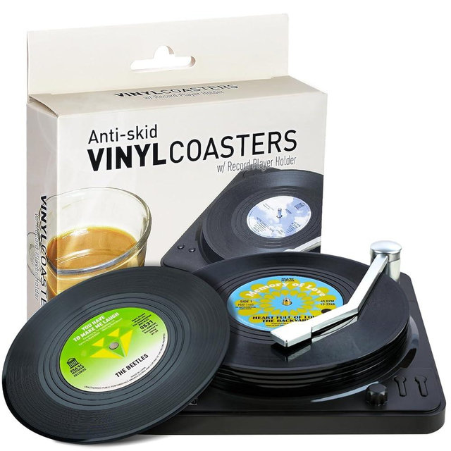 Funny Retro Record Coasters for Drinks with Vinyl Player Holder for Music Lovers,Set of 6 Conversation Piece Sayings Drink Coaster,Housewarming Hostess Wedding Registry Gift Ideas