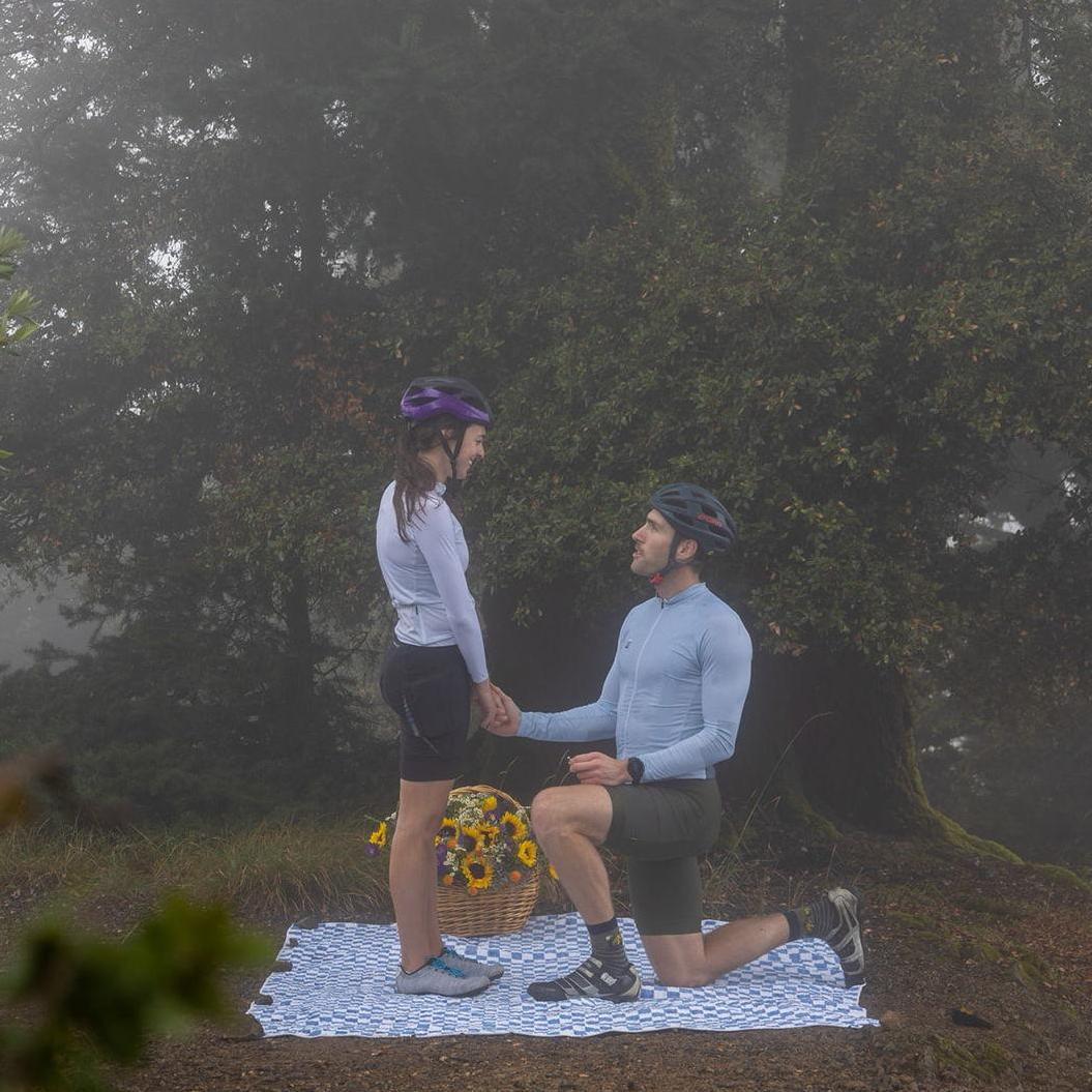 Helmets on during the proposal - safety first!