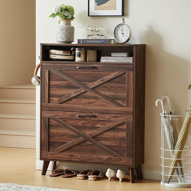 Joaxswe Shoe Storage Cabinet with 2 Flip Drawers, Farmhouse Shoes Organizer for Entryway, Narrow Hidden Shoe Rack with Legs & Open Storage, Freestanding Shoe Closet for Foyer, Hallway, Brown Walnut