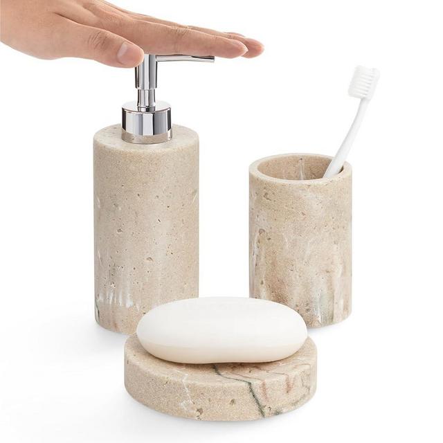 Navaris Decorative Bathroom Accessories Set - 3-Piece Bath Accessory Kit with Toothbrush Holder Liquid Soap Dispenser and Soap Dish Tray Set - Marble