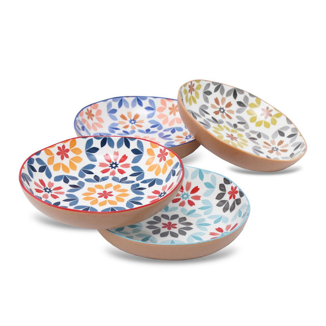 Lorren Home Trends Decorative Bone Pasta Bowls with Floral Pattern, Set of 4, Multi-Color