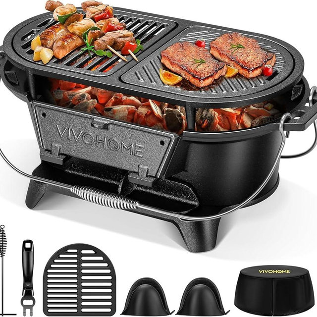 VIVOHOME Oval Cast Iron Grill with Interchangeable Grates & Griddle, 2 Furnace Doors for Heat Control, Includes Gloves, Poker and UV-Resistant Cover