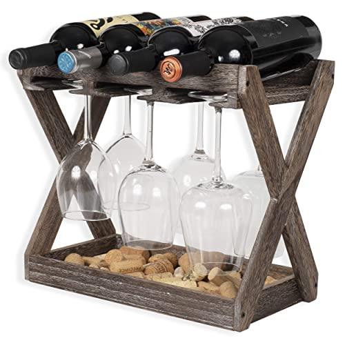 Rustic State Cava Solid Wood Wine and Glass Rack Cork Storage Tray Table Top Bottle Holder Walnut