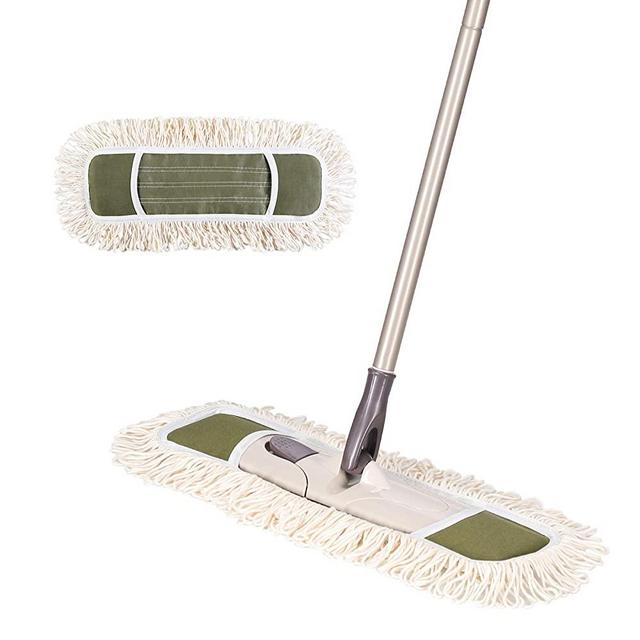 Eyliden Dust Mop with 2 Reusable Washable Pads - One Touch Replacement, Height Adjustable Handle, Wet & Dry Mops for Floor Cleaning, Hardwood, Laminate, Tile Flooring Push Dust Broom (Army Green)