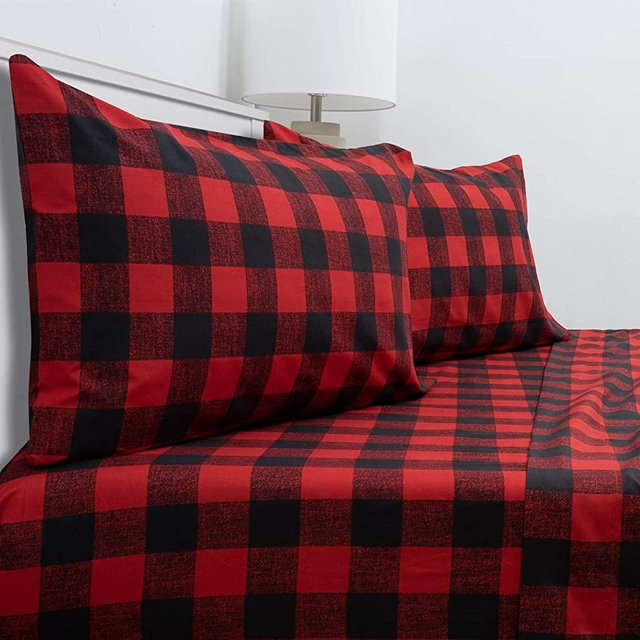 Sweet Home Collection 1800 Thread Count Soft Egyptian Quality Brushed Microfiber Hypoallergenic Luxury Bedding Set with Flat, Fitted Sheet, 2 Pillow Cases, Queen, Buffalo Check Burgundy
