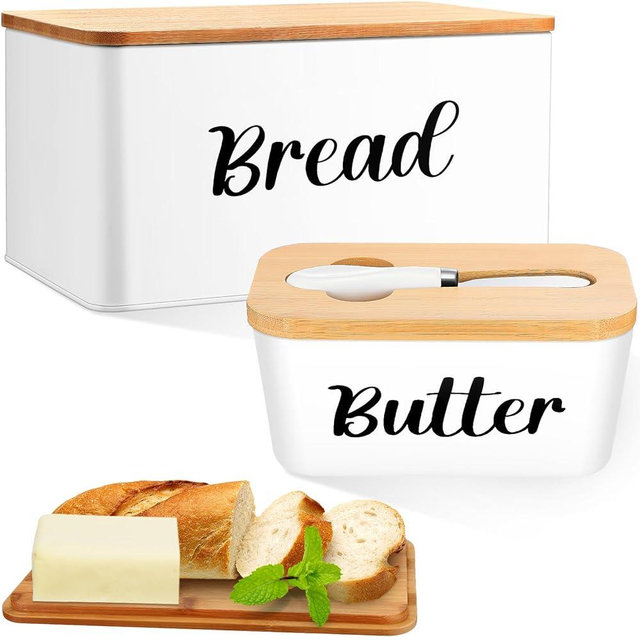 Hushee 2 Pcs Bread Box and Butter Dish with Bamboo Cutting Board Lid, Large Metal Bread Storage Container for Kitchen Farmhouse Airtight Ceramic Butter Holder with Stainless Steel Knife (White)