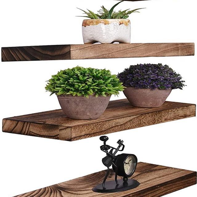 YYWUOJJ Rustic Wood Floating Shelves for Wall Decor Farmhouse Hanging Wall Shelves for Bathroom Kitchen Living Room Bedroom, Set of 4 Carbonized Black