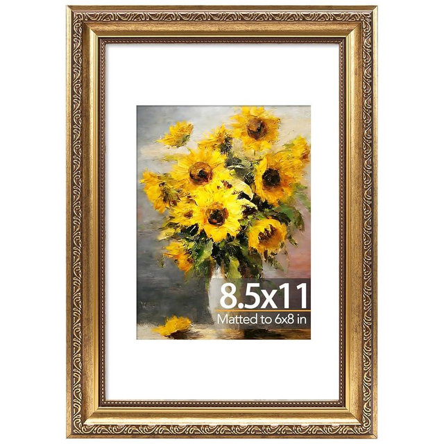 JCJMY 8.5x11 Vintage Picture Frame with 6x8 Mat, Elegant Retro 8.5 by 11 Photo Frame with Shatter-Resistant Plexiglass for Wall or Tabletop Display, Gallery Decor & Gift, Gold, 1 Pack