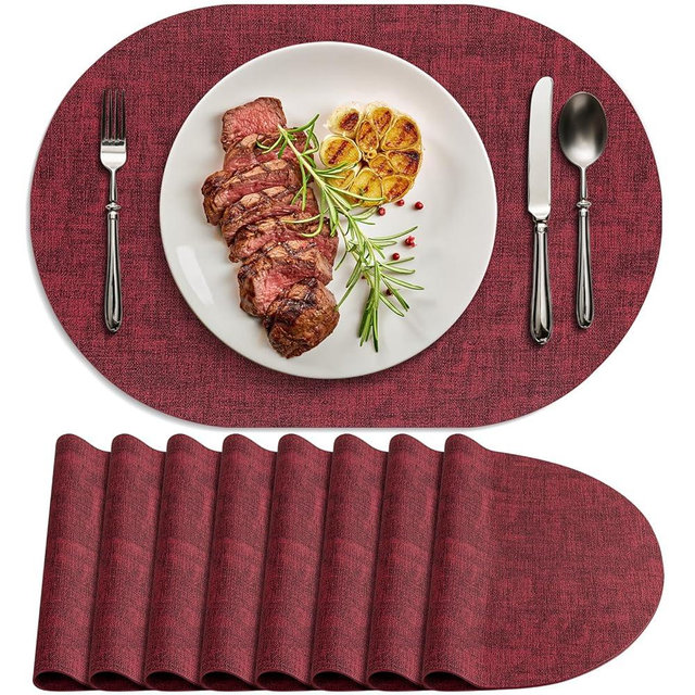 BARTHKIT Placemats for Dining Table Set of 8 Non-Slip, Heat Resistant Oval Leather Placemat Double Layer, Waterproof Table Mats Easy to Clean for Kitchen Dining Room Coffee Office Table, Wine Red