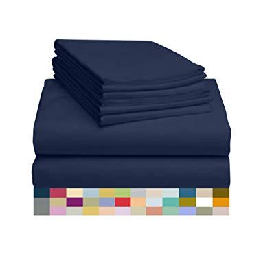 LuxClub 6 PC Sheet Set Bamboo Sheets Deep Pockets 18" Eco Friendly Wrinkle Free Sheets Hypoallergenic Anti-Bacteria Machine Washable Hotel Bedding Silky Soft - Navy Queen