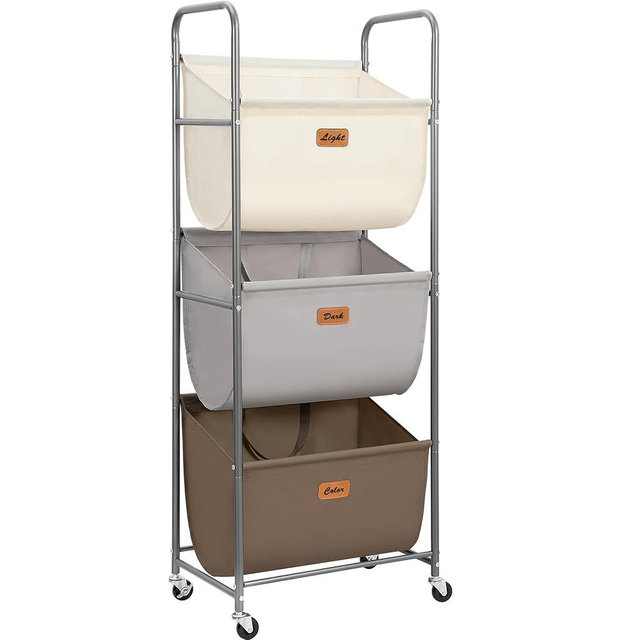 STORAGE MANIAC 120 Liters Vertical Rolling Laundry Hamper, 3 Section Laundry Sorter with Wheels and 2 Breaks, 3-tier Laundry Baskets for Small Space, Dorm, Laundry Room, Closet, Multicolored 3-tier