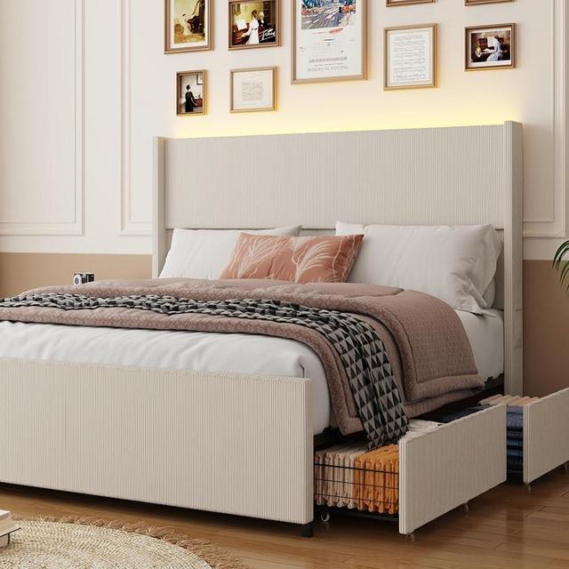 Hlivelood Queen Size Corduroy Upholstered Bed Frame with Drawers & LED Light, Wingback Bed Frame Queen with 52" Headboard & Footboard, Corduroy/Vertical Stripes/No Box Spring Needed/Noise Free, Cream