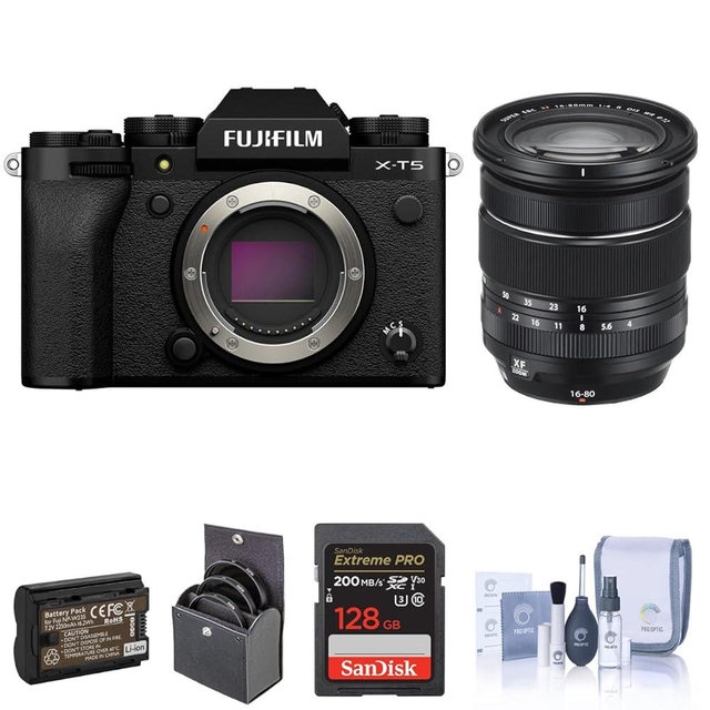Fujifilm X-T5 Mirrorless Camera Black with XF 16-80mm f/4 R OIS WR Lens, 40.2MP APS-C Sensor, 6.2K Video, 128GB SD Card, Extra Battery, Filter Kit, Cleaning Kit, 1-Year Warranty