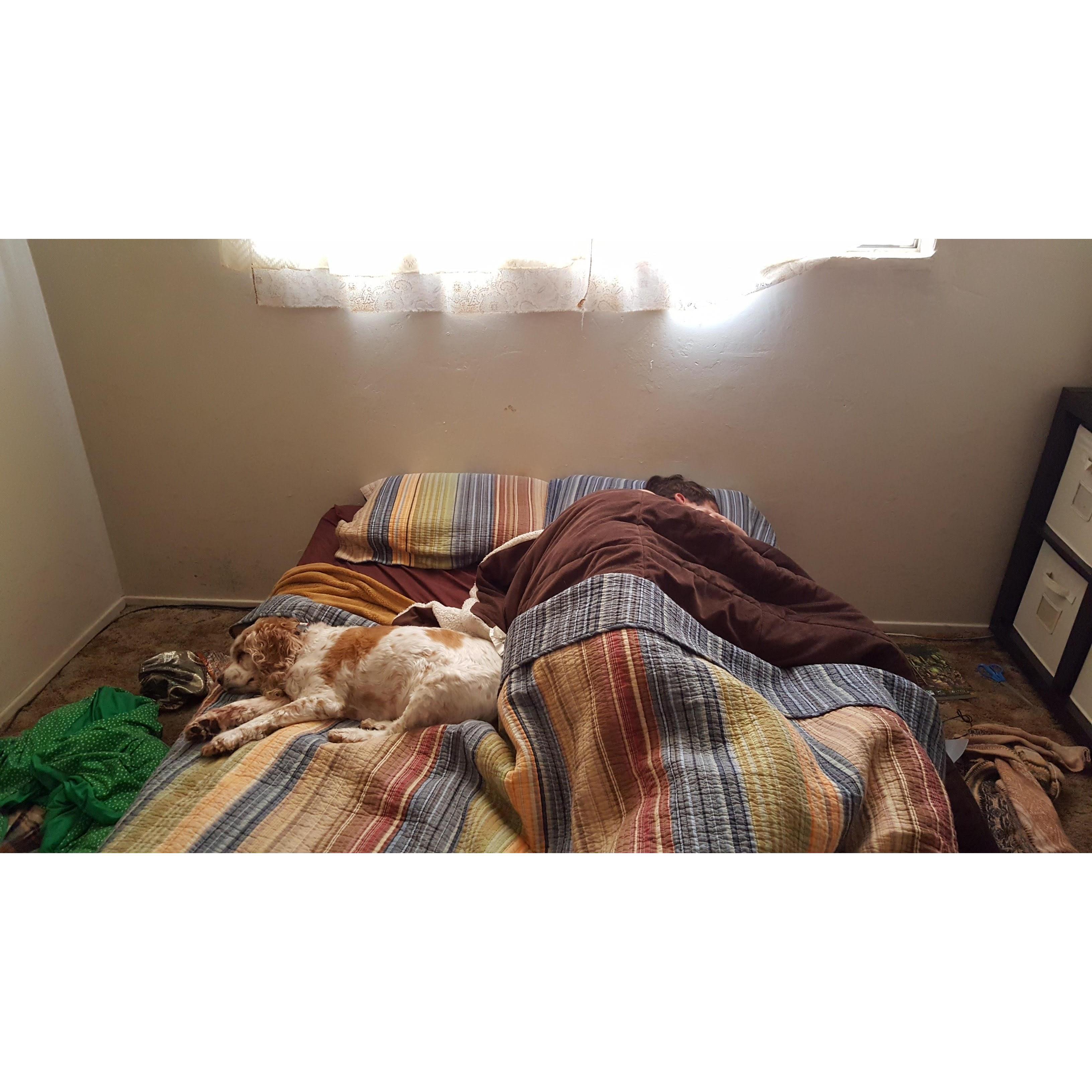 Sleep time, cuddle time with Coco- Daddy Style! (Notice they're butt to butt!)