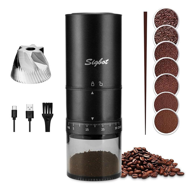 Portable Electric Coffee Grinder - 38 Grind Settings, Conical Burr & Black Stainless Steel Body, Rechargeable Mill for Espresso, Moka Pot, Turkish, Ideal for Camping and Travel