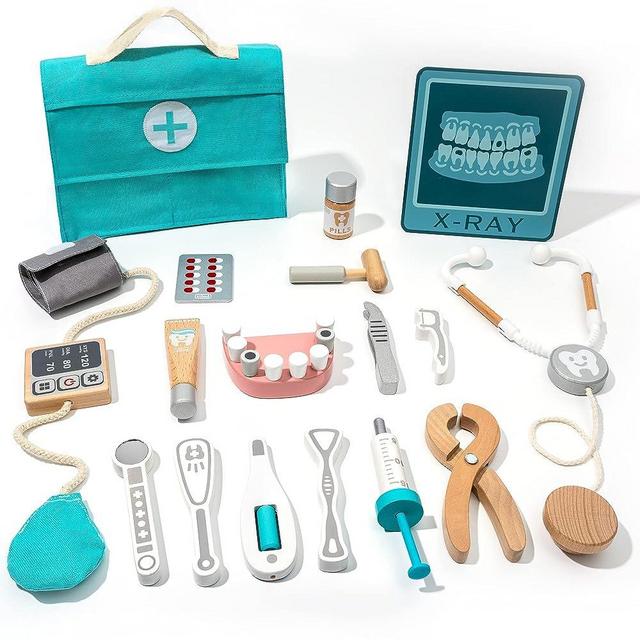 ROBUD Doctor Kit for Kids with Teeth Toy Dentist Kit for Kids Realistic Wooden Doctor Set for Kids Pretend Play Montessori Toys Doctor Playset
