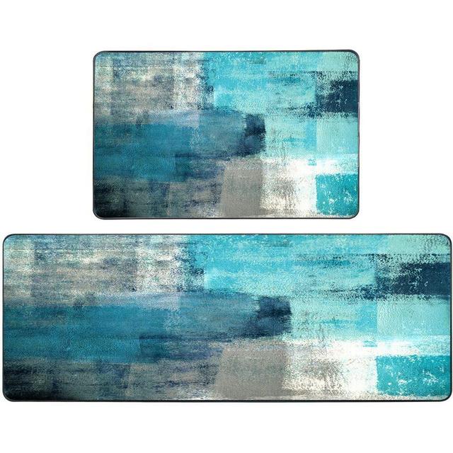 Rugs for Kitchen Floor,TOMWISH Abstract Area Rug Turquoise and Grey Abstract Art Painting 17"X48"+17"X24" Non-Slip Kitchen Rug Set for Kitchen Dining Room,Floor Home,Office,Sink,Laundry