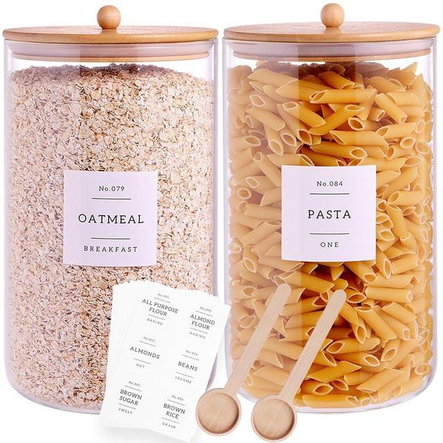 2 Pcs Large Jar with Lid for Kitchen Counter with 132 Pantry Labels and Spoon,Glass Canister Food Storage Container, Flour Container, Kitchen Storage Jars for Candy, Cookie (126oz X 2)