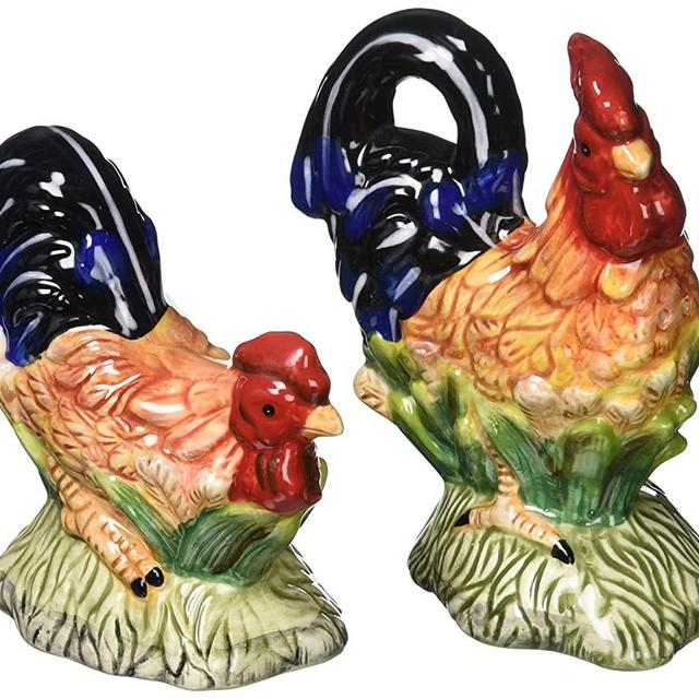 CG SS-CG-56535, 5 Inch Ceramic Rooster Salt and Pepper Shakers with Blue Tail Feathers, 5"