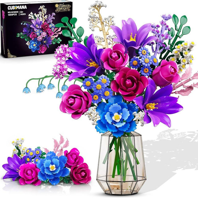 CUBIMANA Valentines Flowers Bouquet Building Set with LED Light, 21 Flower Botanical Collection Block Toy, Rose Lily Home Plant Decor 1054PCS, Gifts for Her Adults Women Mom Kids Girls 12+ (Purple)