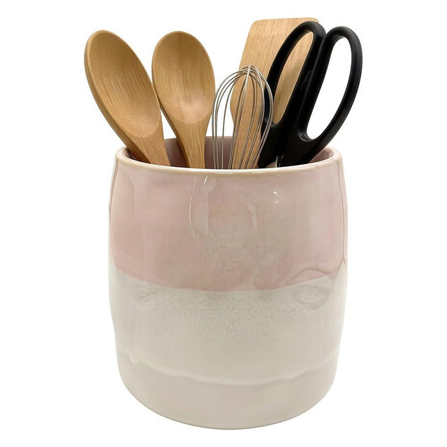 huoflame Large Ceramic Utensil Holder for Kitchen Counter, Modern Utensil Crock Organizer (Pink)