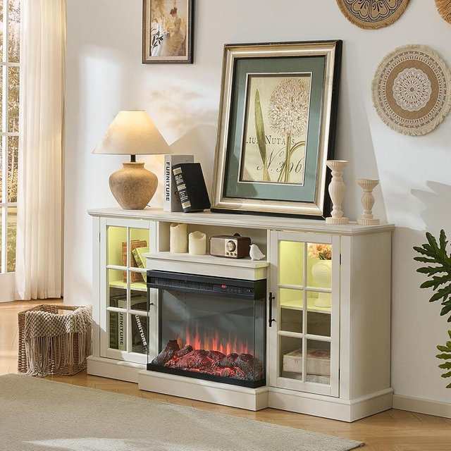 ROCKPOINT 3 Sided Glass 59" Fireplace TV Stand for TVs up to 65inch, Media Entertainment Center with Storage Cabinet,24" Electric Fireplace with LED Light and Flame Colors, White